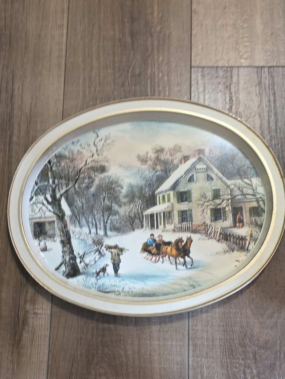 Winter Country Lane Oval Wall Art - Cream Frame